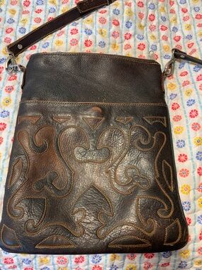 Leather Crossbody Bag with Decorative Stitching - Dark Brown